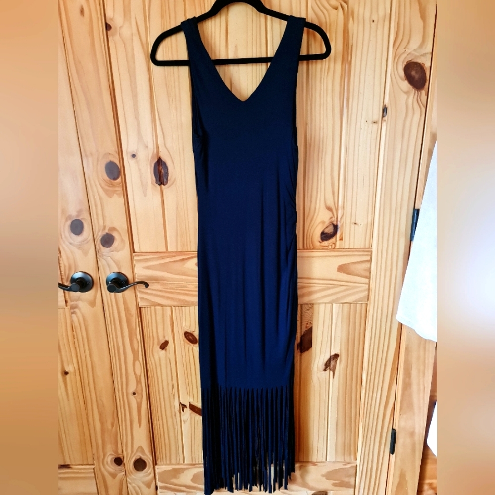 INC Knee Length Deep Double V Ruched Stretch Fringe Navy Blue EUC Size M